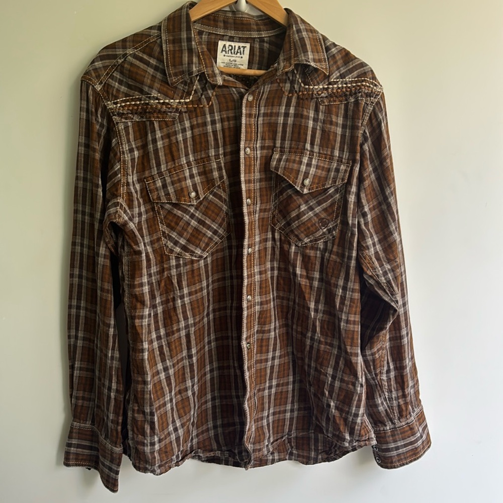 Ariat Men’s Retro fit snap up brown western long sleeve shirt size L